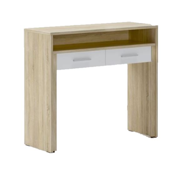 Bureau extensible, table pour ordinateur, 2 tiroirs, blanc+chêne clair brossé.
