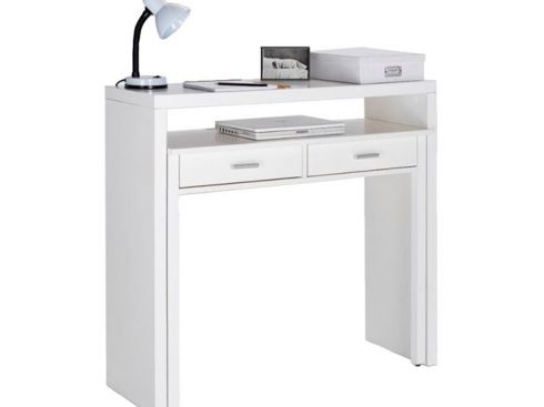 Bureau extensible, table pour ordinateur, 2 tiroirs, blanc brillant.