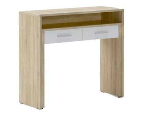 Bureau extensible, table pour ordinateur, 2 tiroirs, blanc+chêne clair brossé.