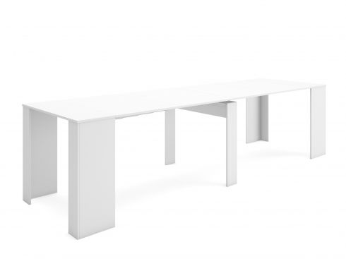 Table Console extensible avec rallonges, jusqu'à 300 cm, Blanc Brillant.