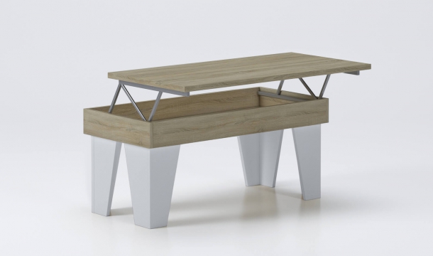 Table basse relevable,salle à manger, Modèle KL,Chêne clair/Blanc mat 92x50x45/57
