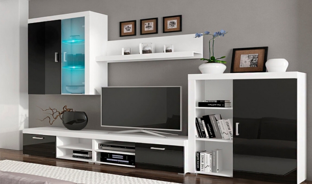 Ensemble de meubles, Meuble TV, ilumin. LED, Noir Laqué/Blanc Mate. 290x200x45cm