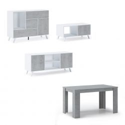 Ensemble Wind Buffet-Meuble TV-Table centrale-Table fixe Blanc/Ciment | ENSEMBLES DE MEUBLES